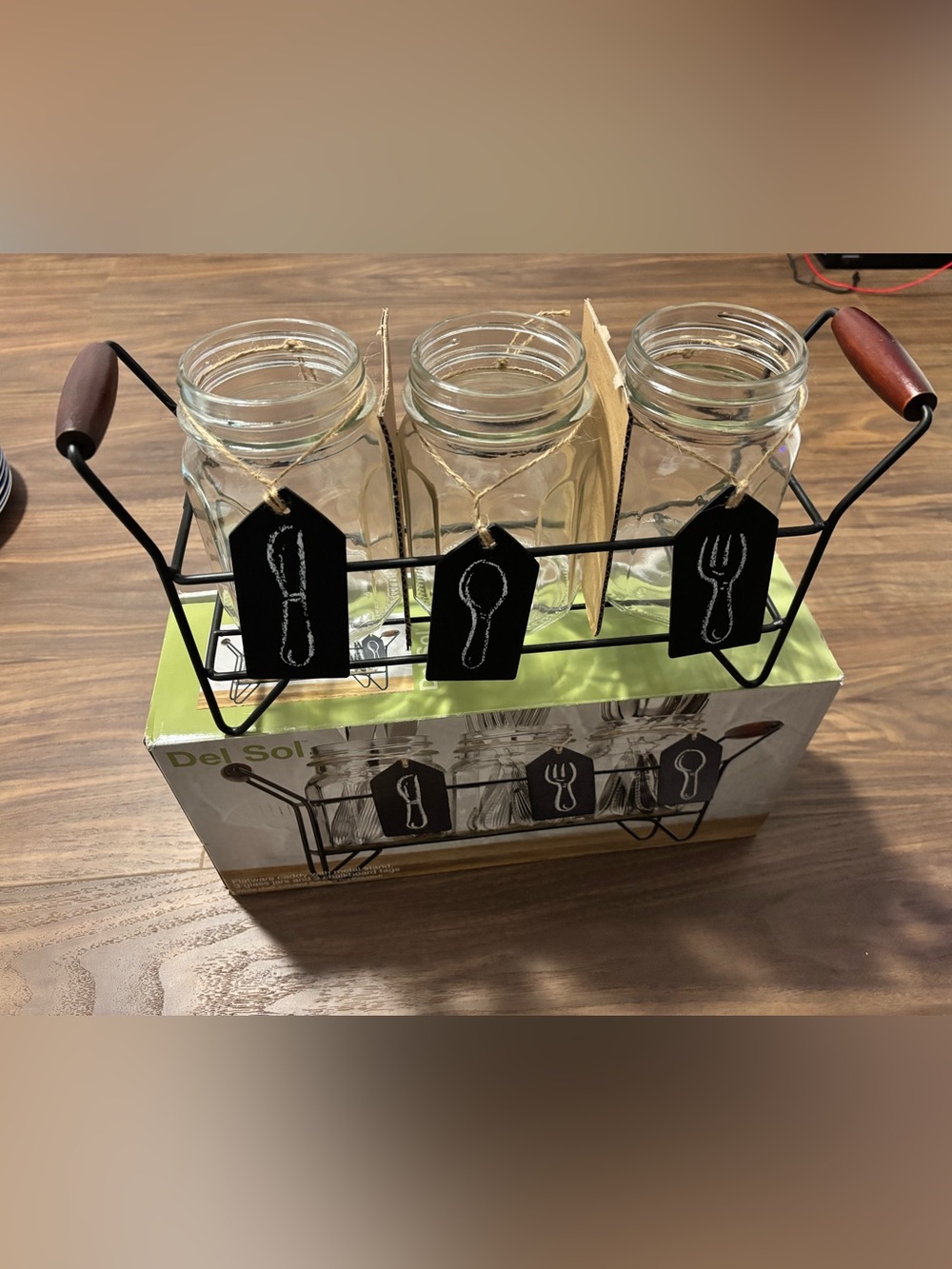 Clear Glass Mason Jar Utensil Set with Black Metal Caddy and Chalk Tags